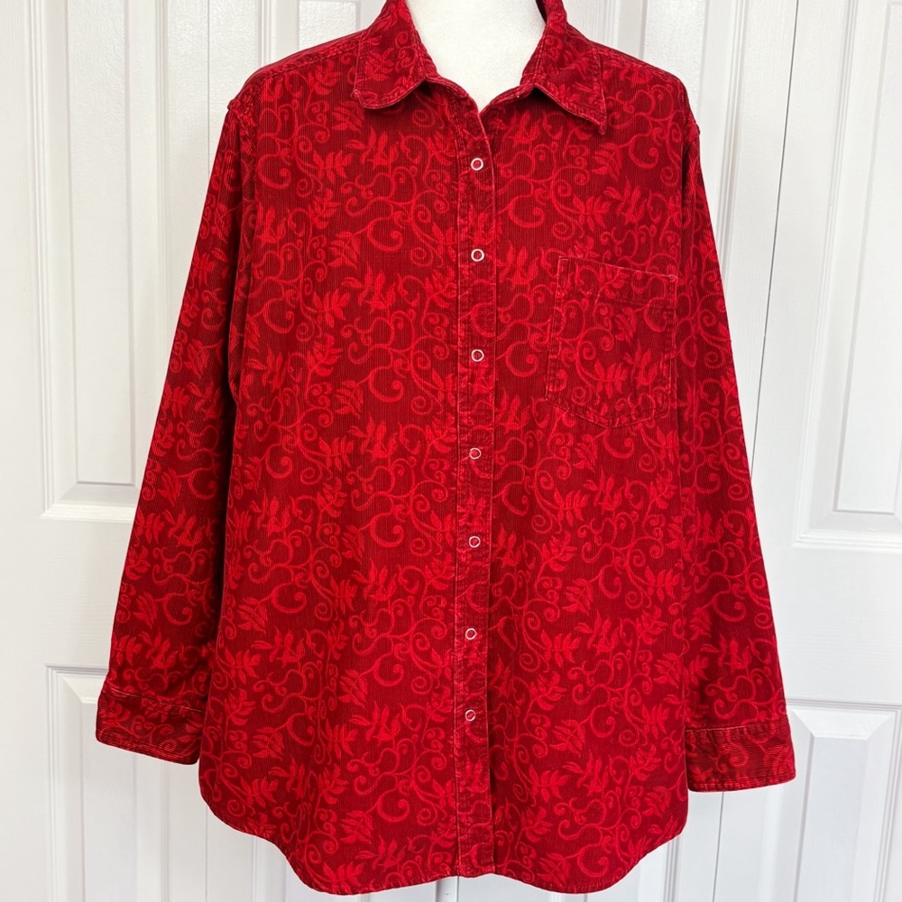 Faded Glory Red Vine Print Corduroy Snap Front Long Sleeve Shirt 18W/20W